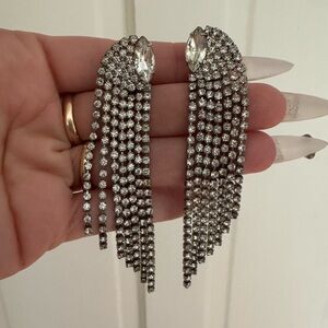 Vintage Mid Century Rhinestone Crystal Dangle Fringe Clip On Earrings Bridal
